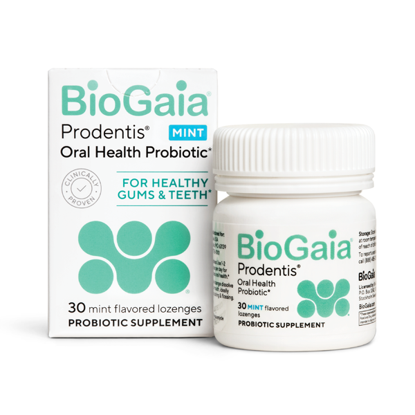 BioGaia Prodentis Mint 30-lozenge probiotic box and bottle, oral health probiotic for healthy gums and teeth, vendor product photo