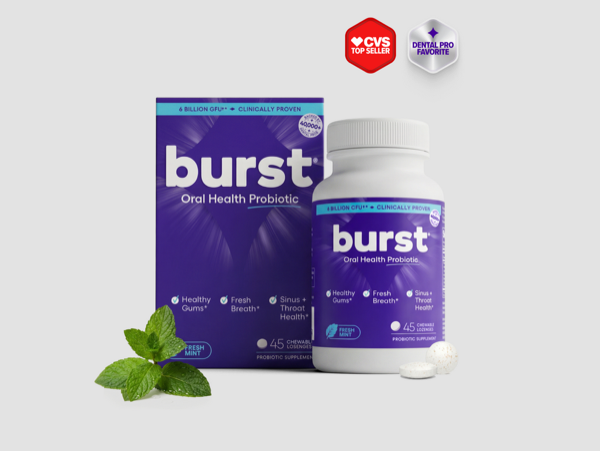 BURST Oral Health Probiotic 45-tablet bottle and box with mint leaves, vendor product photo