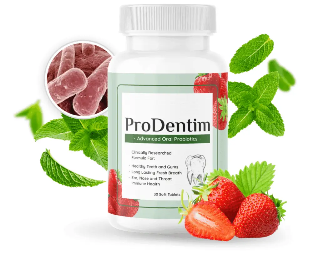 ProDentim Advanced Oral Probiotics bottle (30 soft tablets) shown with strawberry and mint accents, vendor product photo
