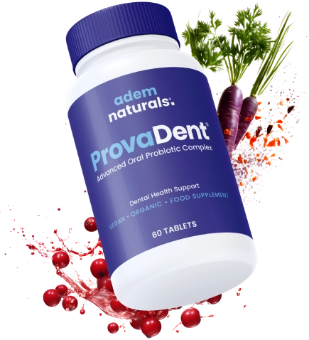 ProvaDent Advanced Oral Probiotic Complex 60-tablet bottle by adem naturals with cranberry and root-vegetable accents, vendor product photo